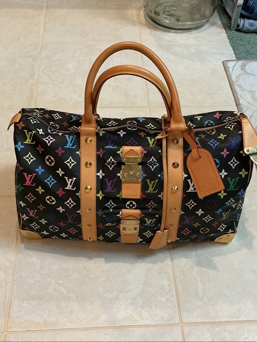 Louis Vuitton Black Multicolor Monogram Duffel with Tan Trim